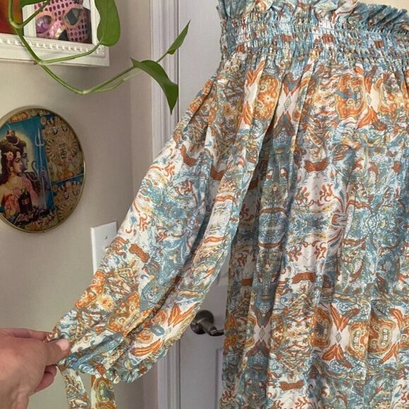 ACROBAT Turquoise Floral Cold-Shoulder Peasant Tie Sleeve Blouse Shirt *SMALL* - Picture 3 of 6